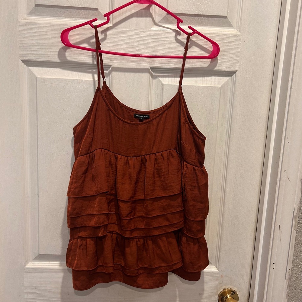 WHOWHATWEAR Womens Rust Orange Tiered Ruffle Spaghetti Strap Tank Top Size L